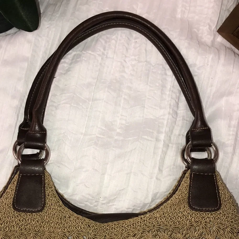 Macrame Crochet Faux Leather Combo Tan Brown Satchel